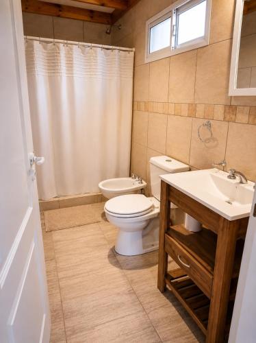 a bathroom with a toilet and a sink at Las lupinas pleno centro in Coronel Suárez