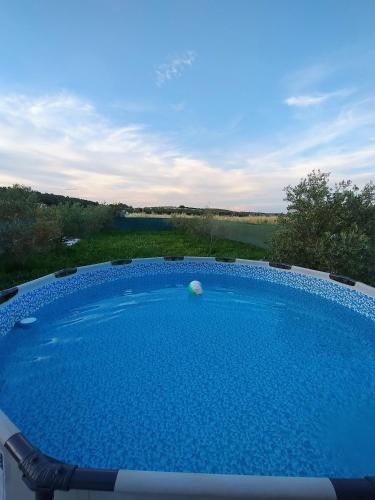 a large blue swimming pool in a yard at Tiny Loft House in Halkidiki in Nea Potidaea