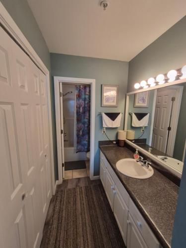 a bathroom with a sink and a shower at Grand Caribbean in Orange Beach