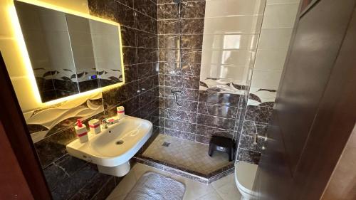 a bathroom with a sink and a toilet and a mirror at Appartement cosy in Agadir
