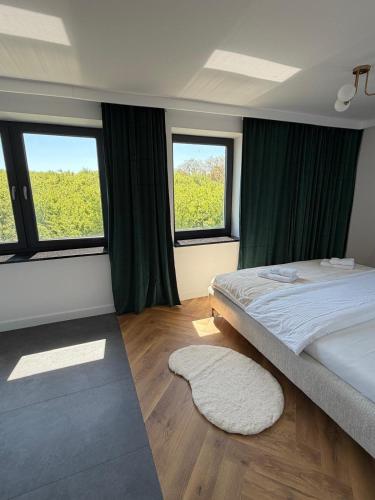 a bedroom with a large bed and two windows at Sadowa Ostoja z prywatnymi jacuzzi in Pierwoszyno