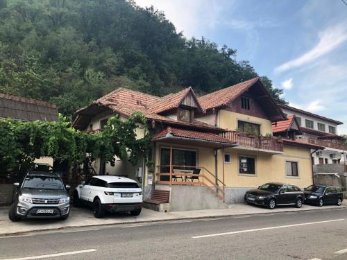 a house with cars parked in front of it at Casa Dina in Băile Herculane