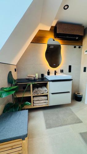a bathroom with a sink and a counter with a sink at Klimatisierte Komfort-Eifel-Ferienwohnung Mechernich, Obergartzem, Satzvey - nahe Krewelshof, Burg Satzvey & Phantasialand in Mechernich