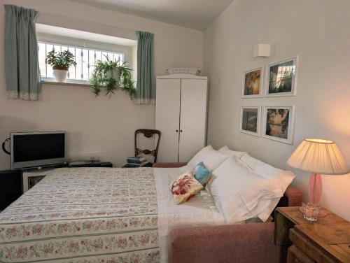 a bedroom with a bed and a tv and a window at Casa Mita - accogliente monolocale nel cuore del paese in Marta