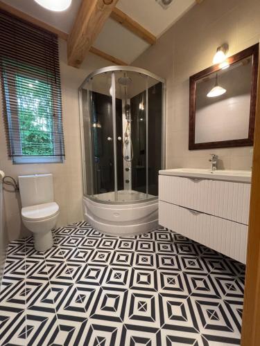 a bathroom with a shower and a toilet and a tub at Dom wakacyjny nad jeziorem, Mazury in Samin