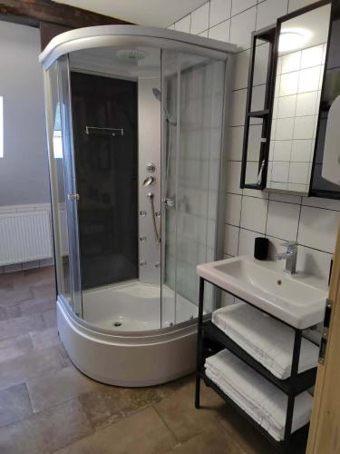 a bathroom with a shower and a sink at Raj pod Košenjakom in Dravograd