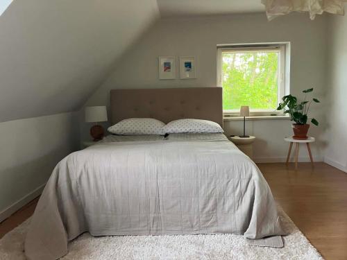 a bedroom with a bed with a white bedspread and a window at Dom nad jeziorem in Lutry