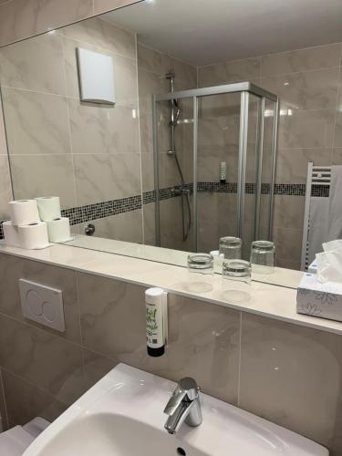 a bathroom with a sink and a shower and a mirror at Pension Weber in Vienna
