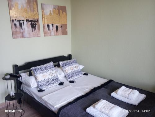 a bedroom with a bed with two pillows on it at Grandpa BILL's house 6 in Pyrgadikia