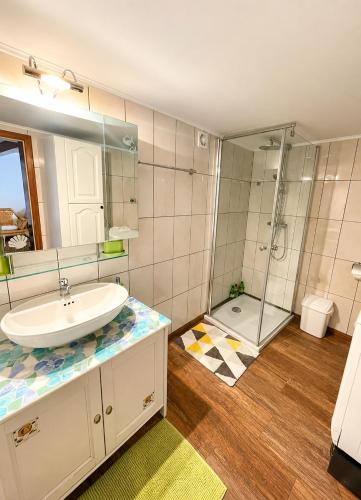 a bathroom with a sink and a shower at Chez Fifi in Surpierre