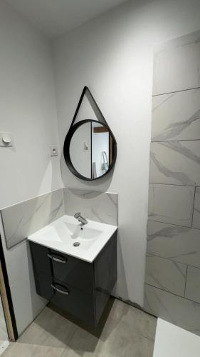a bathroom with a sink and a mirror on the wall at Les Perles de Limoux -Studio Centre Climatiseur Wifi Parking Gratuit in Limoux