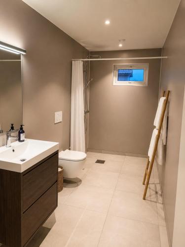 a bathroom with a sink and a toilet at Reine Sea Apartment in Moskenes