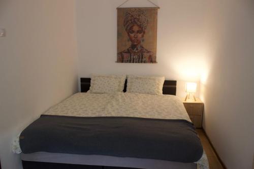 a bedroom with a bed with a painting on the wall at Natasa apartment in Băile Tuşnad