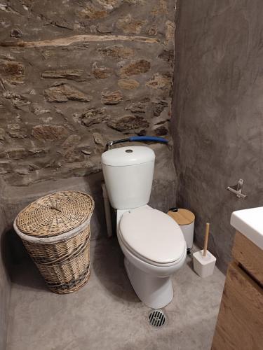 a bathroom with a toilet and a stone wall at Kamara 1898 katoi in Mouresi