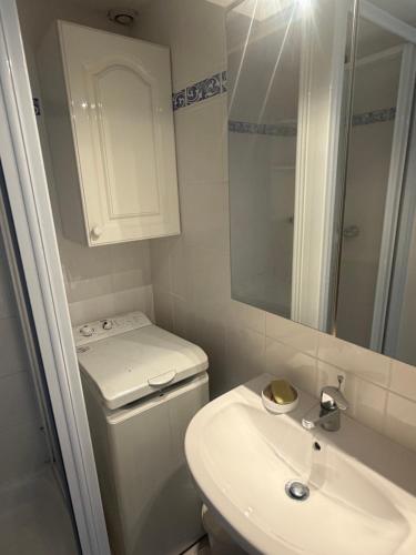 a bathroom with a sink and a toilet and a mirror at 225 rue de la source in Bretignolles-sur-Mer