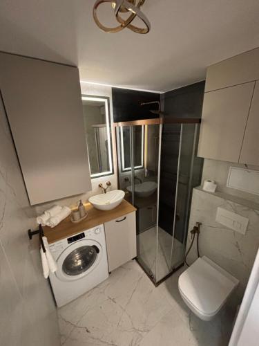 a small bathroom with a washing machine and a sink at Apartament Ana in Lublin