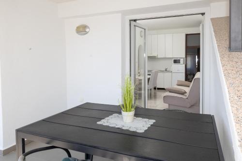 a black table with a plant on it in a living room at Apartments Baretić in Crikvenica