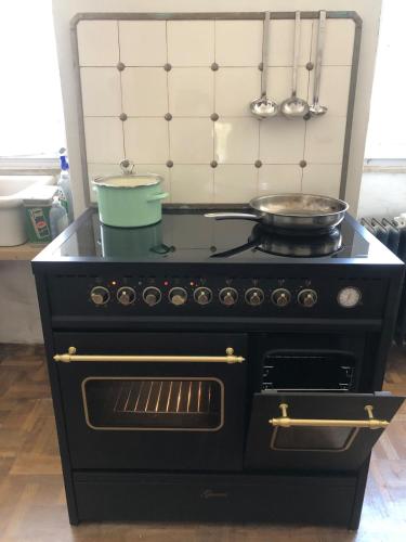 a black stove with a pot and pans on it at Old Parish Hall, Waldeck Castle in Beltheim