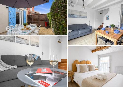 a collage of pictures of a living room and a bedroom at Petit cocon, parking et piscine à Marseillan in Marseillan