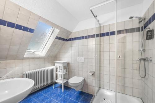 a bathroom with a shower and a toilet and a sink at Gästehaus Parkblick in Rust