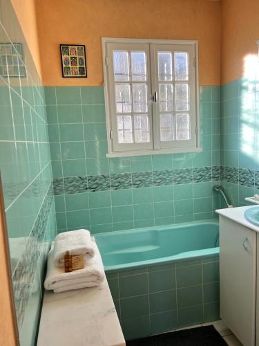een badkamer met een blauw bad en een wastafel bij House with garden in Pérouges