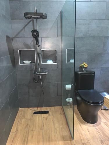 a bathroom with a shower with a toilet and a glass shower at Almonte House in Puerto Plata