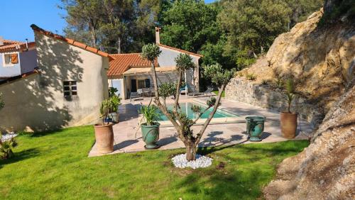 a house with a yard with palm trees and a pool at Lamaisonbleue in Auriol