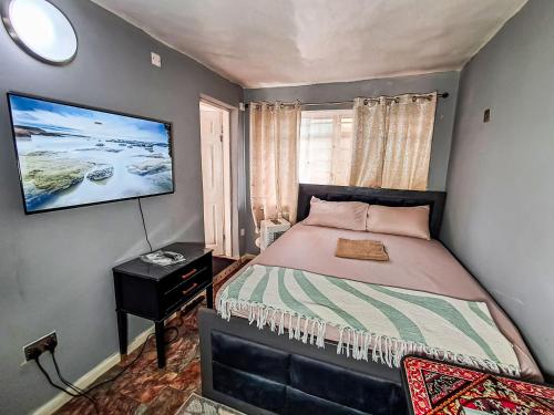 a bedroom with a bed and a tv on the wall at Nic's Inn in Freetown