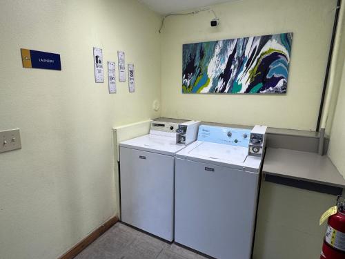 a laundry room with a washing machine and a painting at Days Inn by Wyndham Portage Cascade Mountain area in Portage