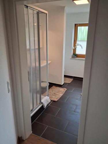 a bathroom with a walkin shower and a sink at Ferienwohnung Schneckenpointner in Waging am See