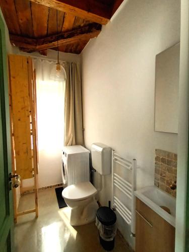 a bathroom with a white toilet and a window at Green Escape-Entire House in Moldoveneşti