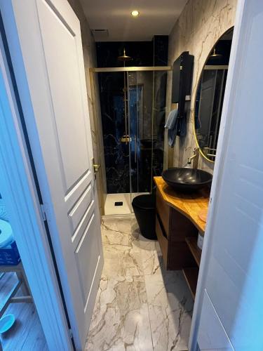 a bathroom with a sink and a shower at Casa Mediterraneo - Vue mer 3 min de la plage à pieds in Cap d'Ail