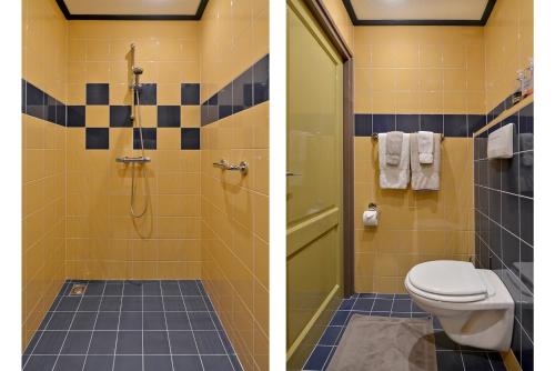 two pictures of a bathroom with a toilet and a shower at Herberg De Ring in Dreischor