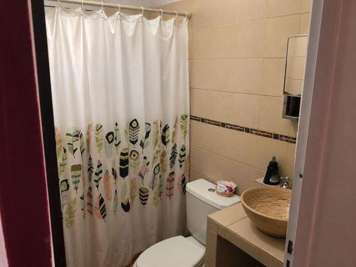 a bathroom with a toilet and a shower curtain at El Zorro Cabin Nature and Relaxation near Salta in Salta