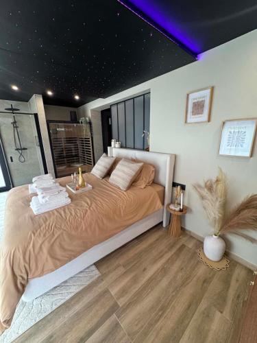 a bedroom with a large bed in a room at L'annexe étoilée in Couvin