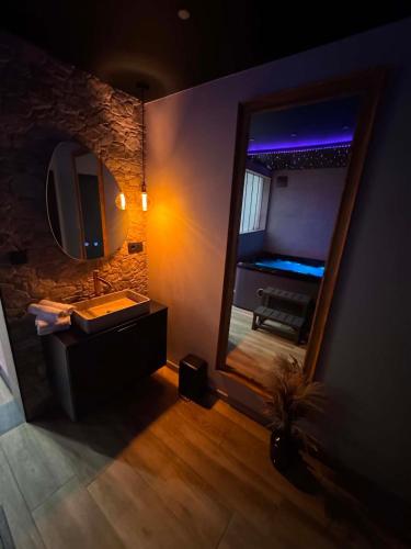 a bathroom with a mirror and a sink and a television at L'annexe étoilée in Couvin