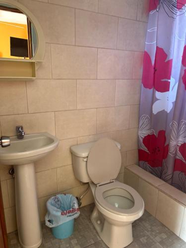 a bathroom with a toilet and a sink at Coco Hotel and Hostel in Sosúa
