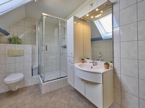 a bathroom with a shower and a sink and a toilet at De open schuur in Elsendorp