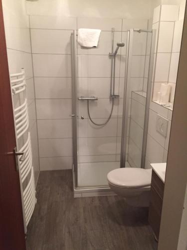 ein Bad mit einer Dusche und einem WC in der Unterkunft Hotel Rennekamp in Oyten