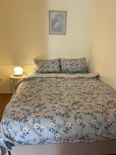 a bedroom with a bed with a blue comforter at Private Rm4-Queen bed in Elderslie