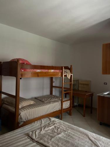 a room with two bunk beds and a desk at Infinity room in Velipojë
