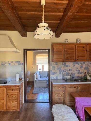 a kitchen with wooden cabinets and a chandelier at Pokój i Spokój in Szarki