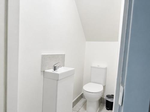 a white bathroom with a toilet and a sink at Private Flat Near City Centre in Peterborough