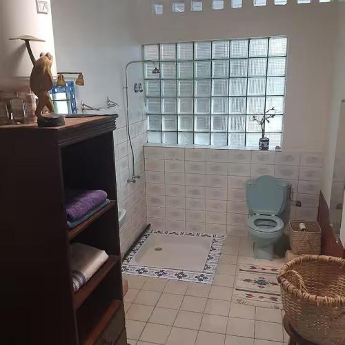 a bathroom with a shower and a blue toilet at Savanna votre location á la semaine in Antsiranana