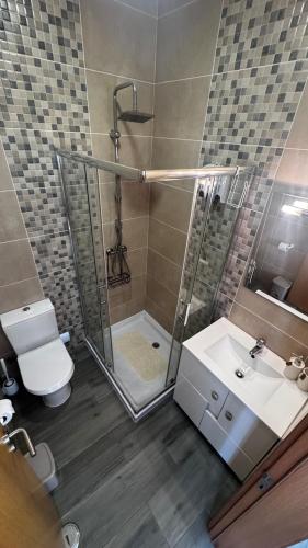 a bathroom with a shower and a toilet and a sink at Zen Terrace Townhouse in Faro