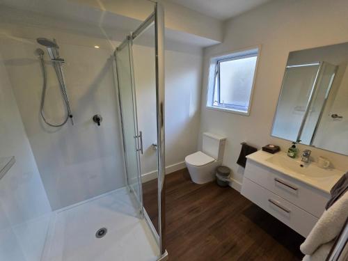 a bathroom with a shower and a sink and a toilet at Waikato Hospital Motel in Hamilton