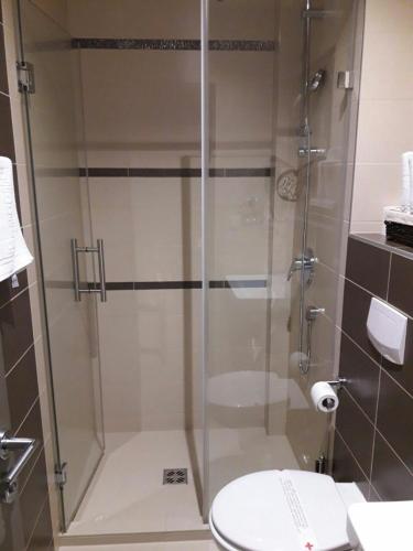 a bathroom with a glass shower with a toilet at Hotel Palazzo in Gornji Vakuf