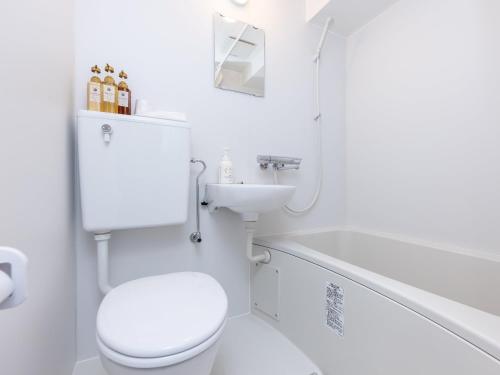 a white bathroom with a toilet and a sink at Hotel Neo Rouge in Tokyo