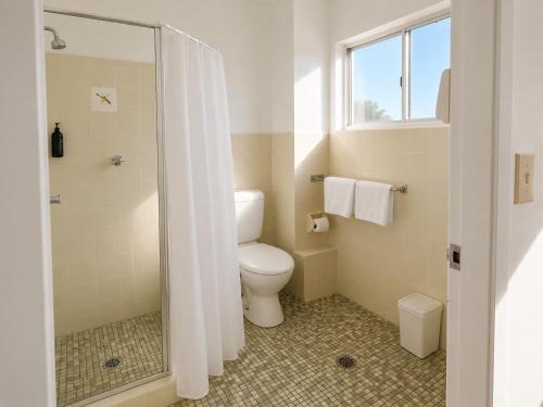 a bathroom with a toilet and a shower at Forster Motor Inn in Forster