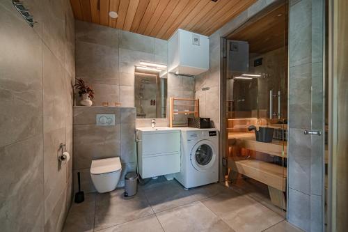 a bathroom with a sink and a washing machine at Levi Platinum Aurora in Levi